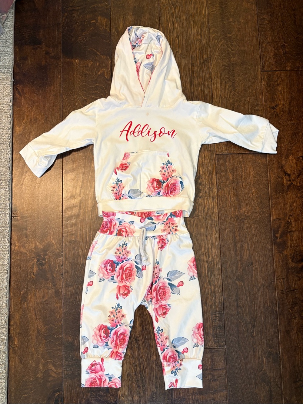 Personalized White & Pink Floral Hooded Jogger Set for Toddler